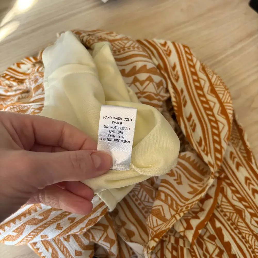 Stella Jumpsuit Medium Mustard Crop Tie Front Flowy Gauze Crinkle Boho Ikat Vaca